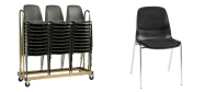 Plaststole. Bertram stole, fås med og uden polster på sæde og ryg. Den kan  fås med løs plastik eller påsvejset kobling. Der findes 2  typer transportvogne til Bertram plaststole.